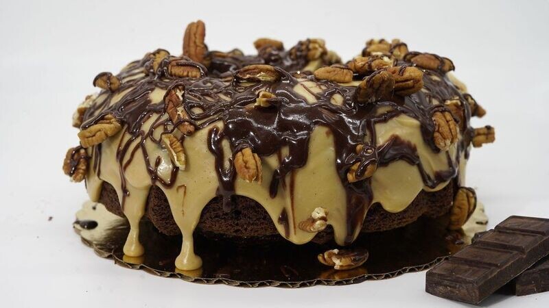 chocolate turtle poundcake made with parchware cake pan